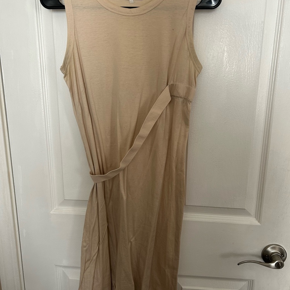 Helmut Lang Tan Sheath Midi Dress Mock Neck Sleeveless